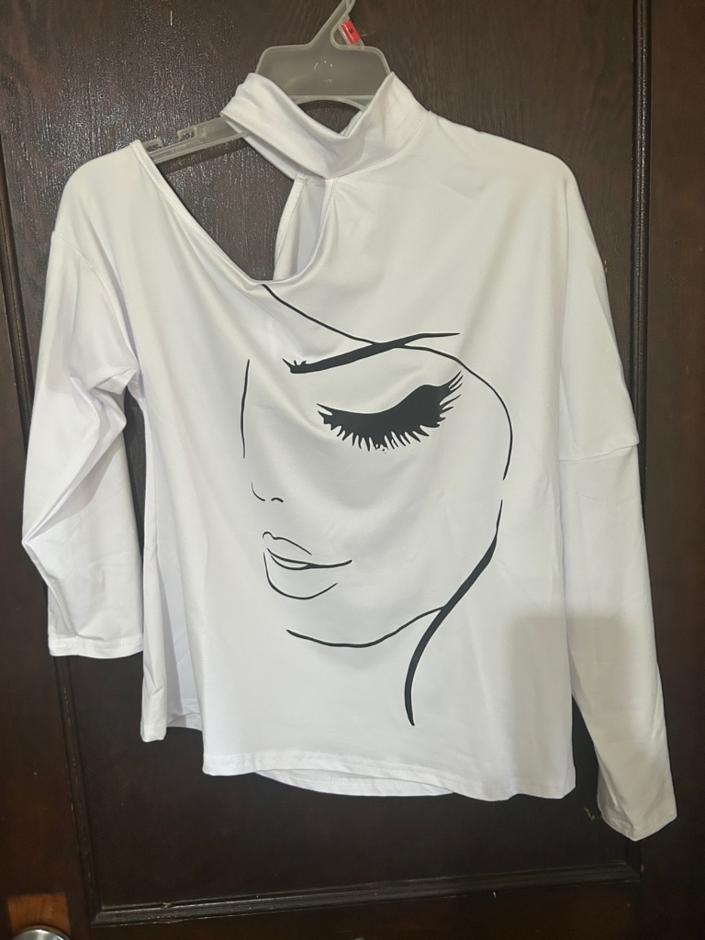 White Women's Graphic Long-Sleeve Top with Face Illustration